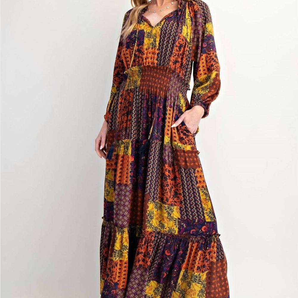 EASEL BOHO Multi-Color Patch Print Ruffle Maxi Dr… - image 1